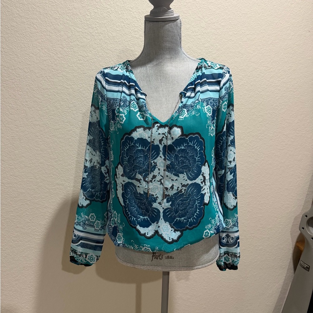 New York & Company Teal and Blue Floral Blouse